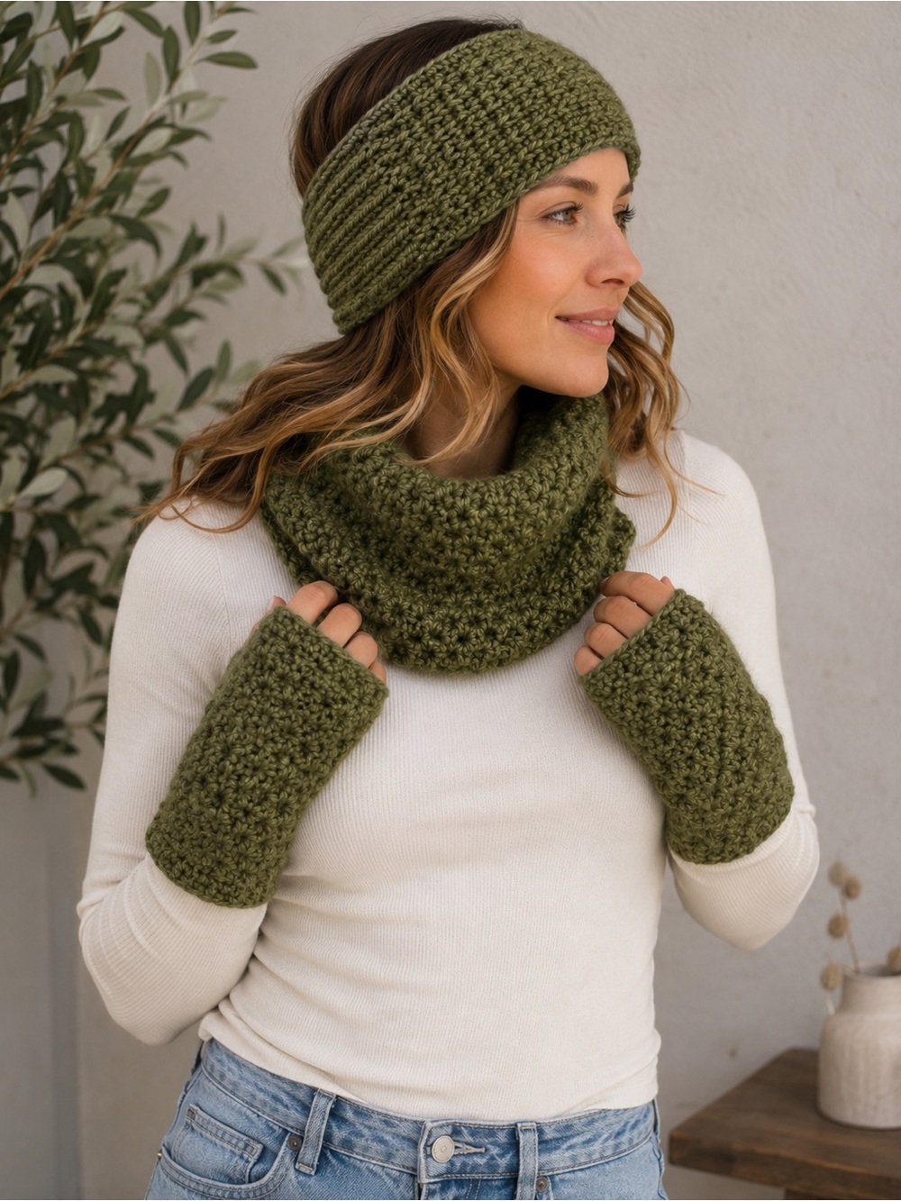 Handmade Olive green 3 Piece Knit Set